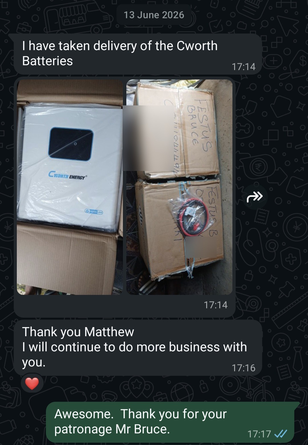 WhatsApp message from Festus Bruce thanking Sunsyc Energy after delivery of Cworth batteries