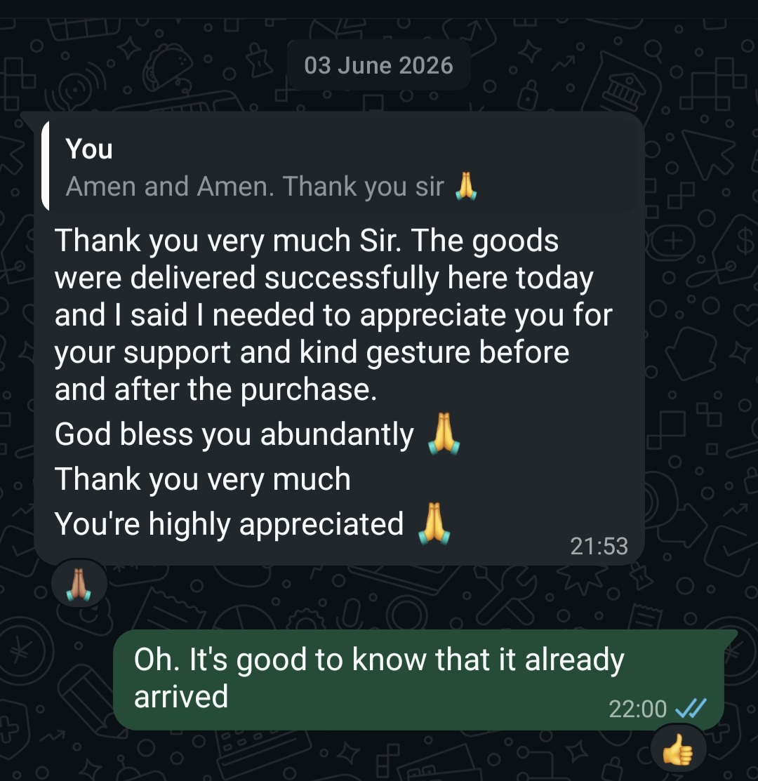 WhatsApp message from Hopedey Enterprise thanking Sunsyc Energy after successful delivery